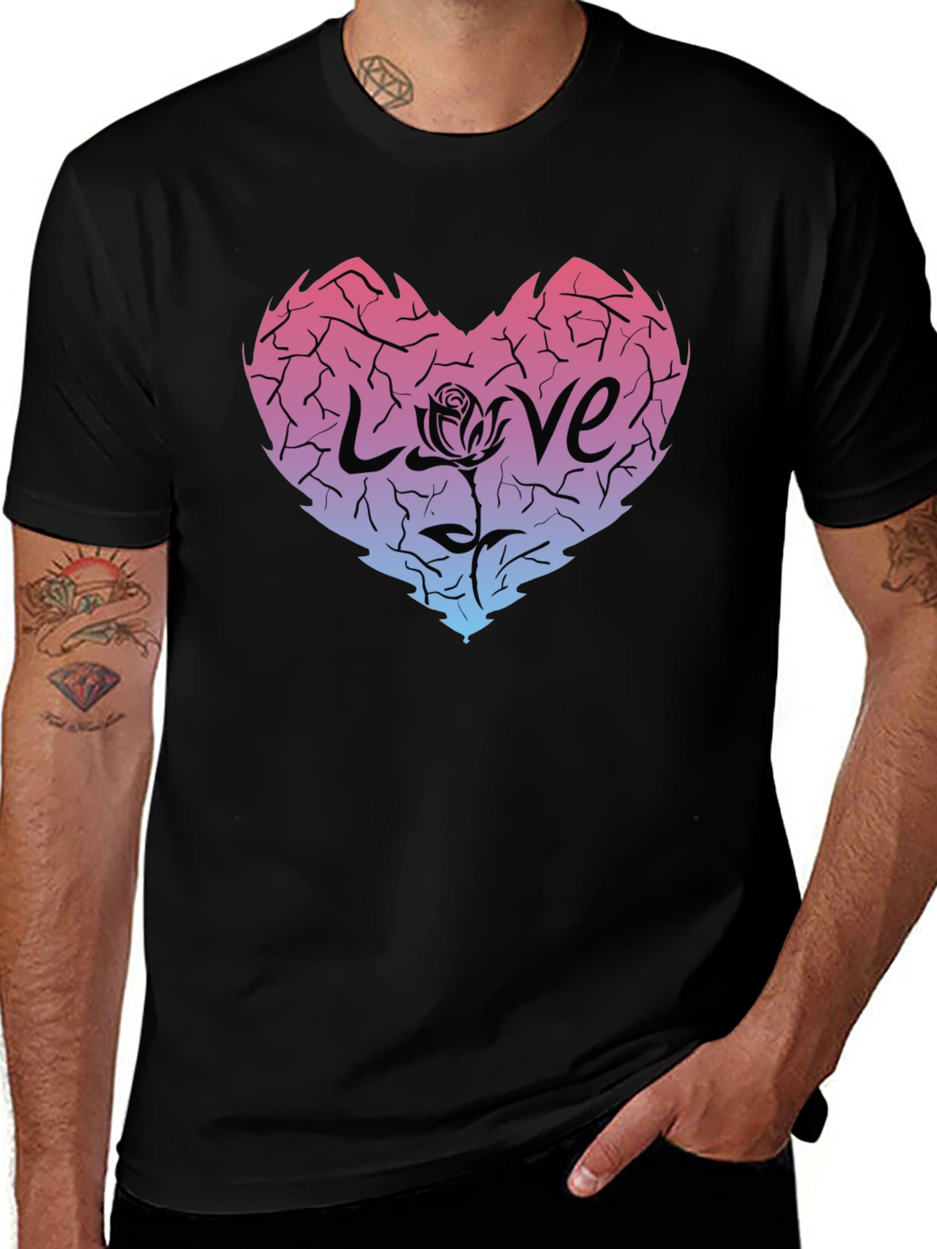 Cracked Heart Love Rose Graphic Tee - Black