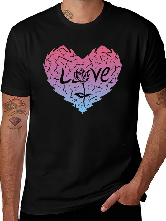 Cracked Heart Love Rose Graphic Tee - Black