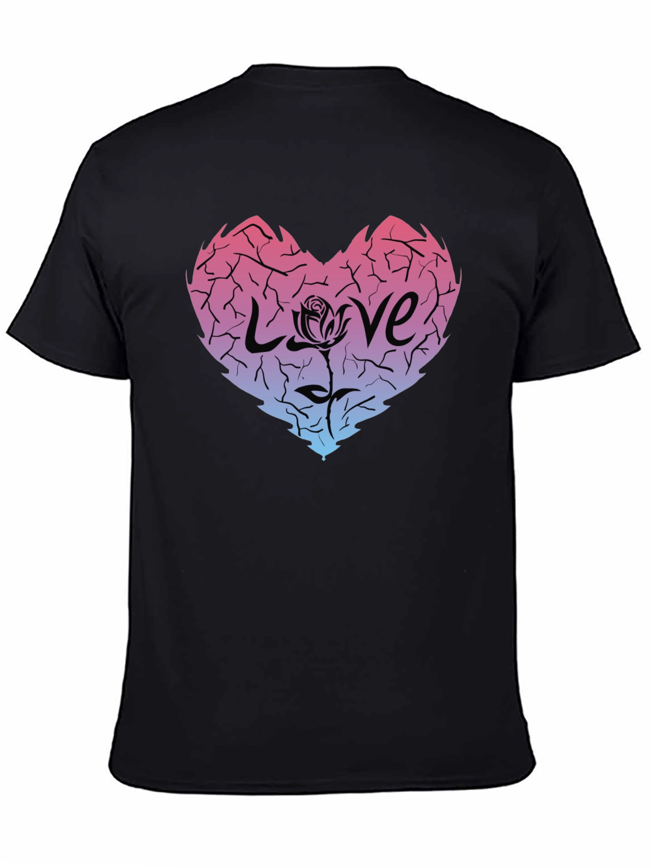 Cracked Heart Love Rose Graphic Tee - Black