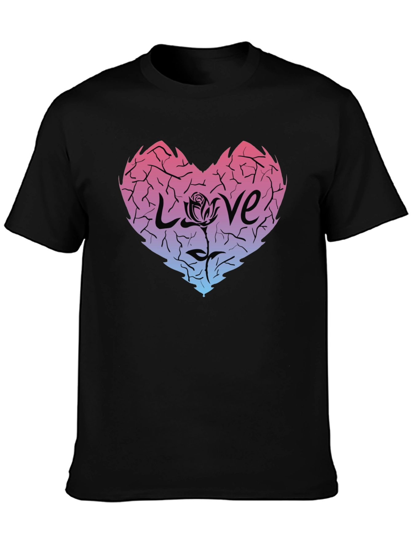 Cracked Heart Love Rose Graphic Tee - Black