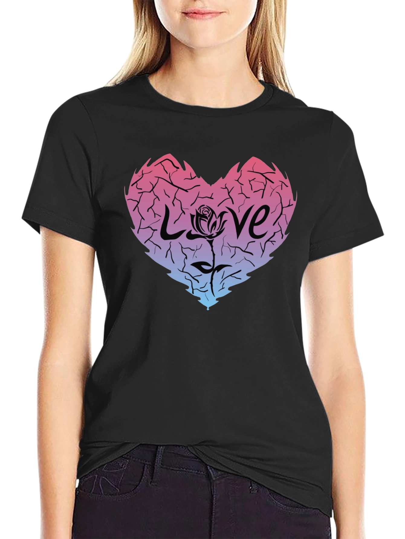 Cracked Heart Love Rose Graphic Tee - Black