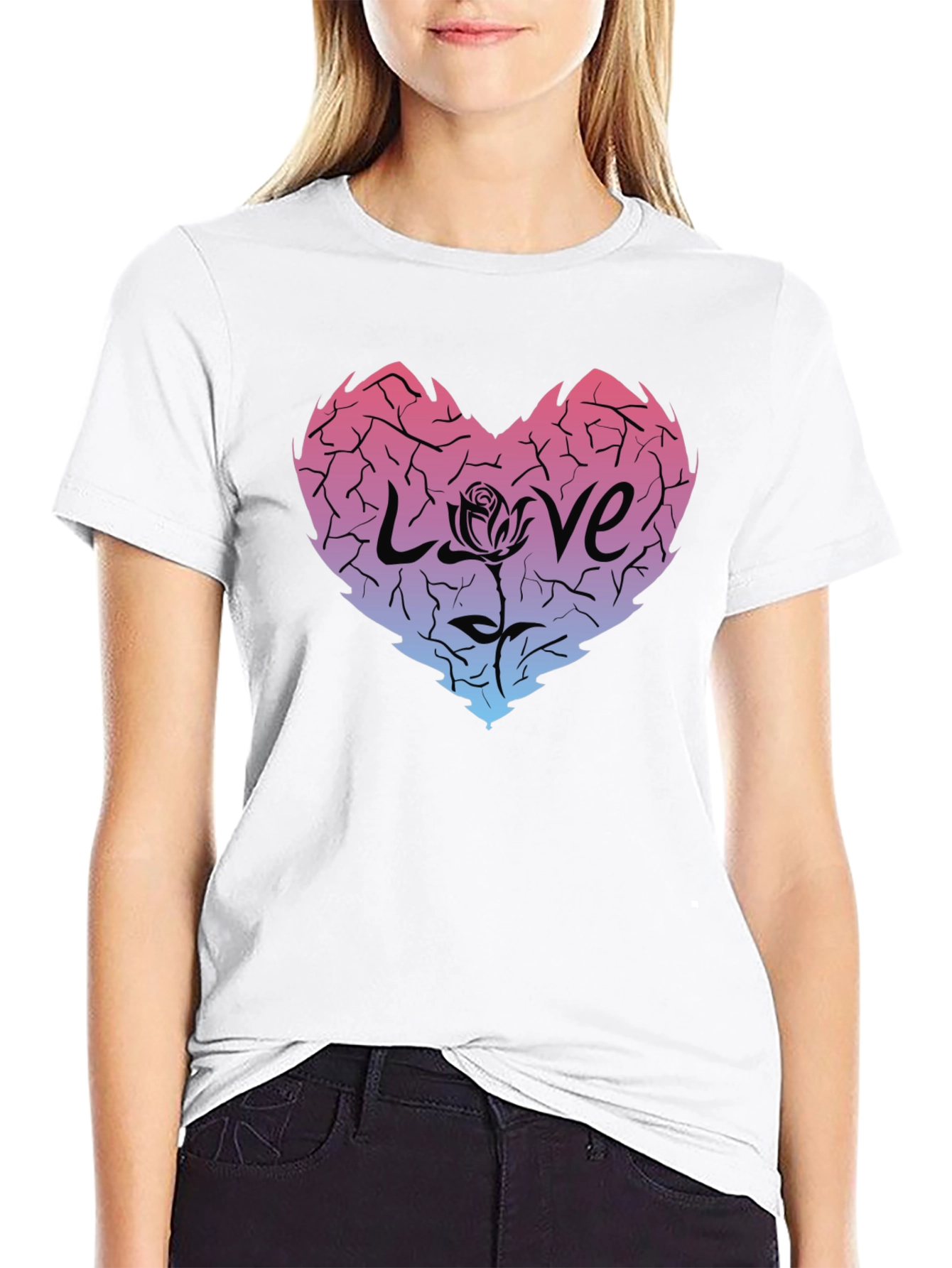 Cracked Heart Love Rose Graphic Tee - Black
