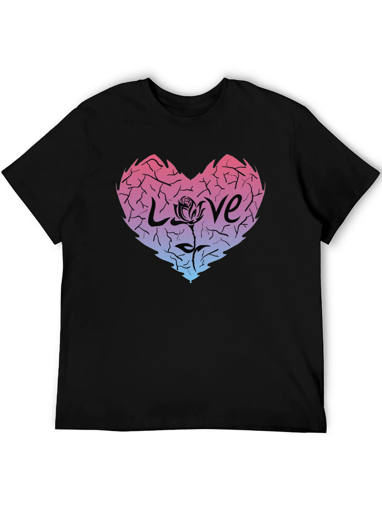 Cracked Heart Love Rose Graphic Tee - Black