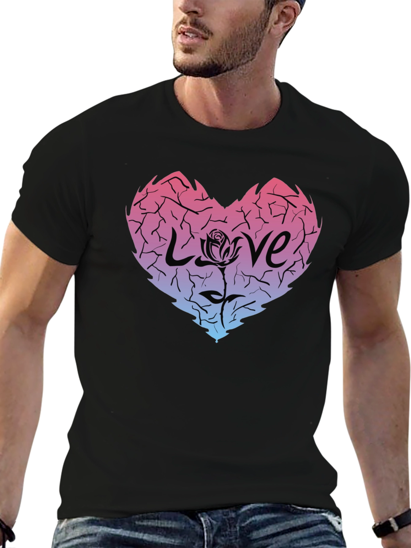 Cracked Heart Love Rose Graphic Tee - Black