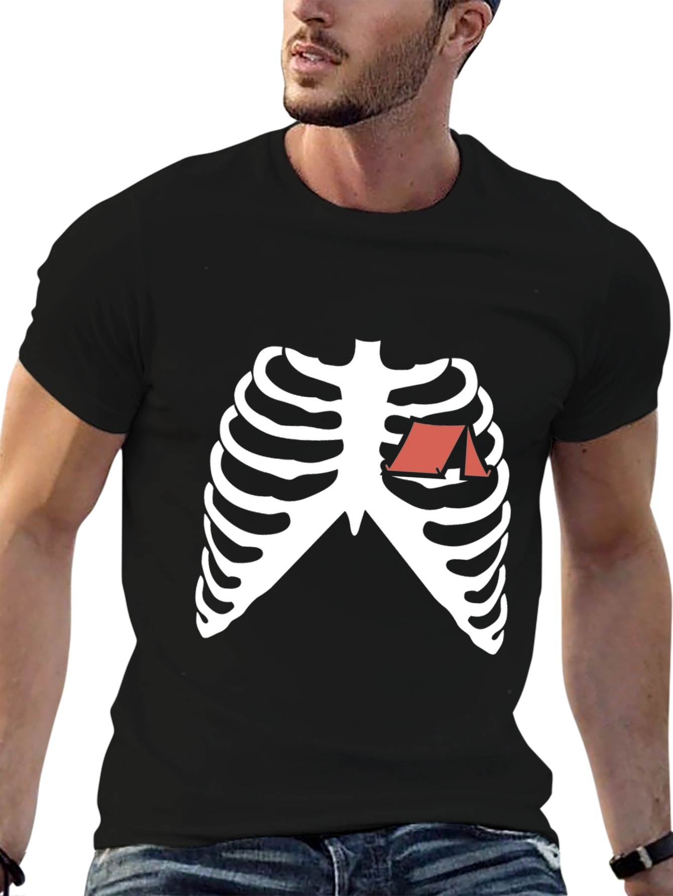 Camping Heart Skeleton Graphic Tee - Black