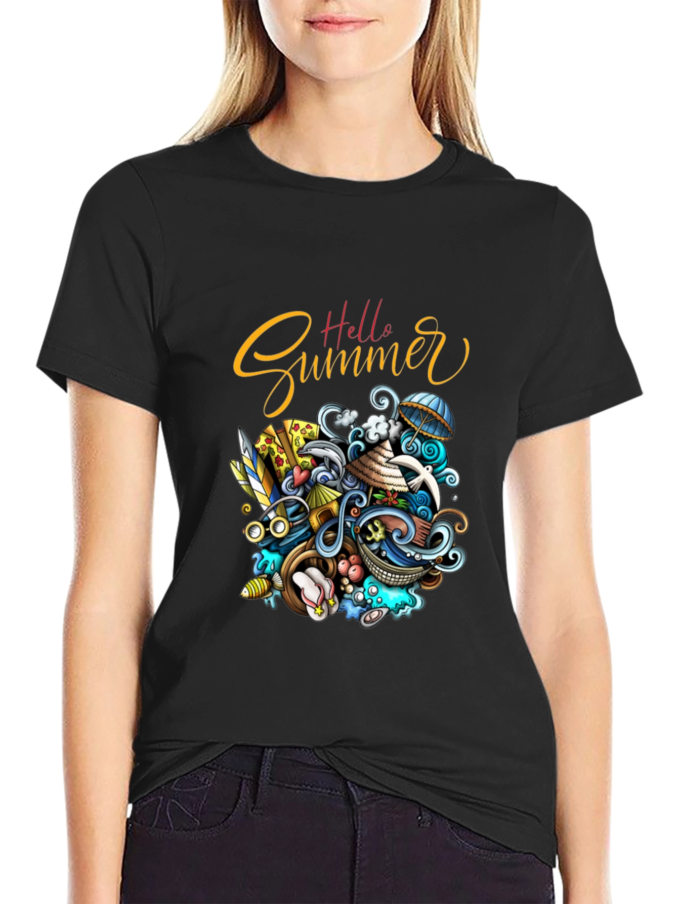 Hello Summer Black Graphic T-Shirt
