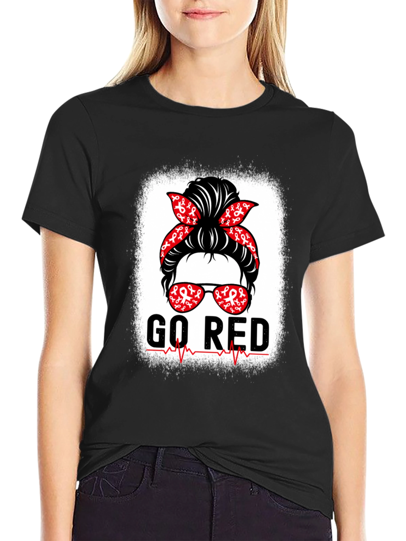 Go Red T-Shirt Heart Disease Awareness Messy Bun