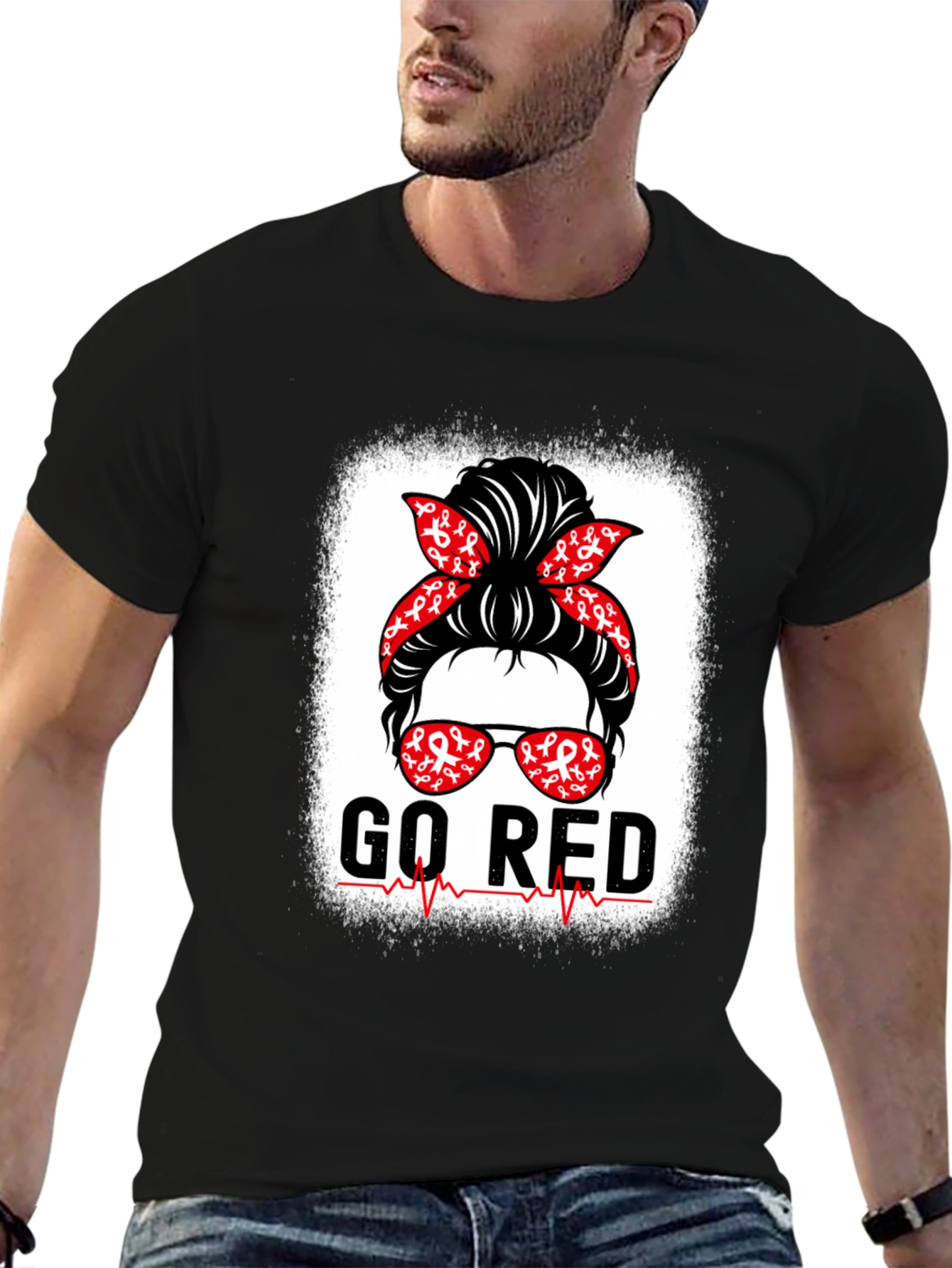 Go Red T-Shirt Heart Disease Awareness Messy Bun