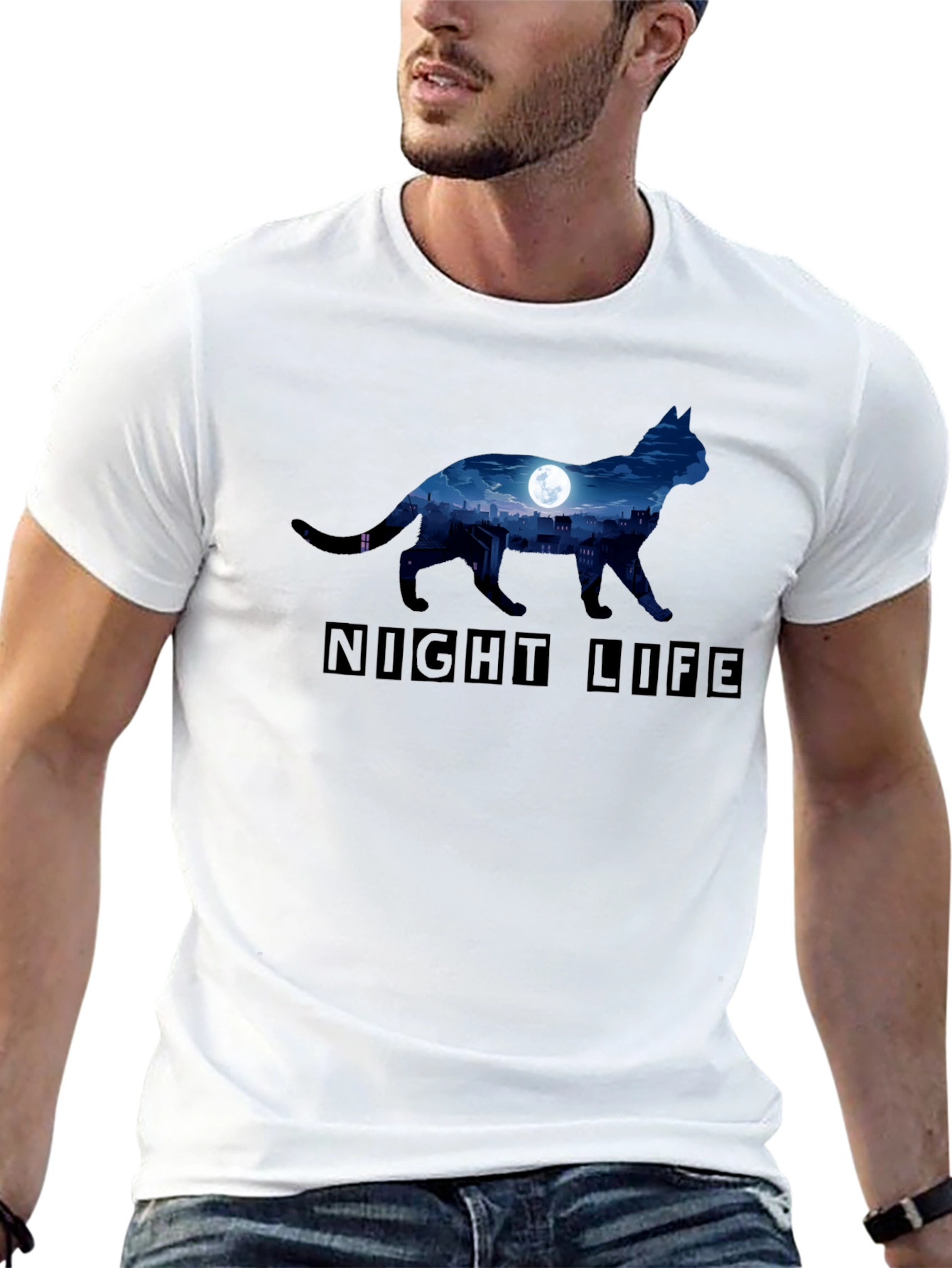 Night Life Cat Graphic T-Shirt