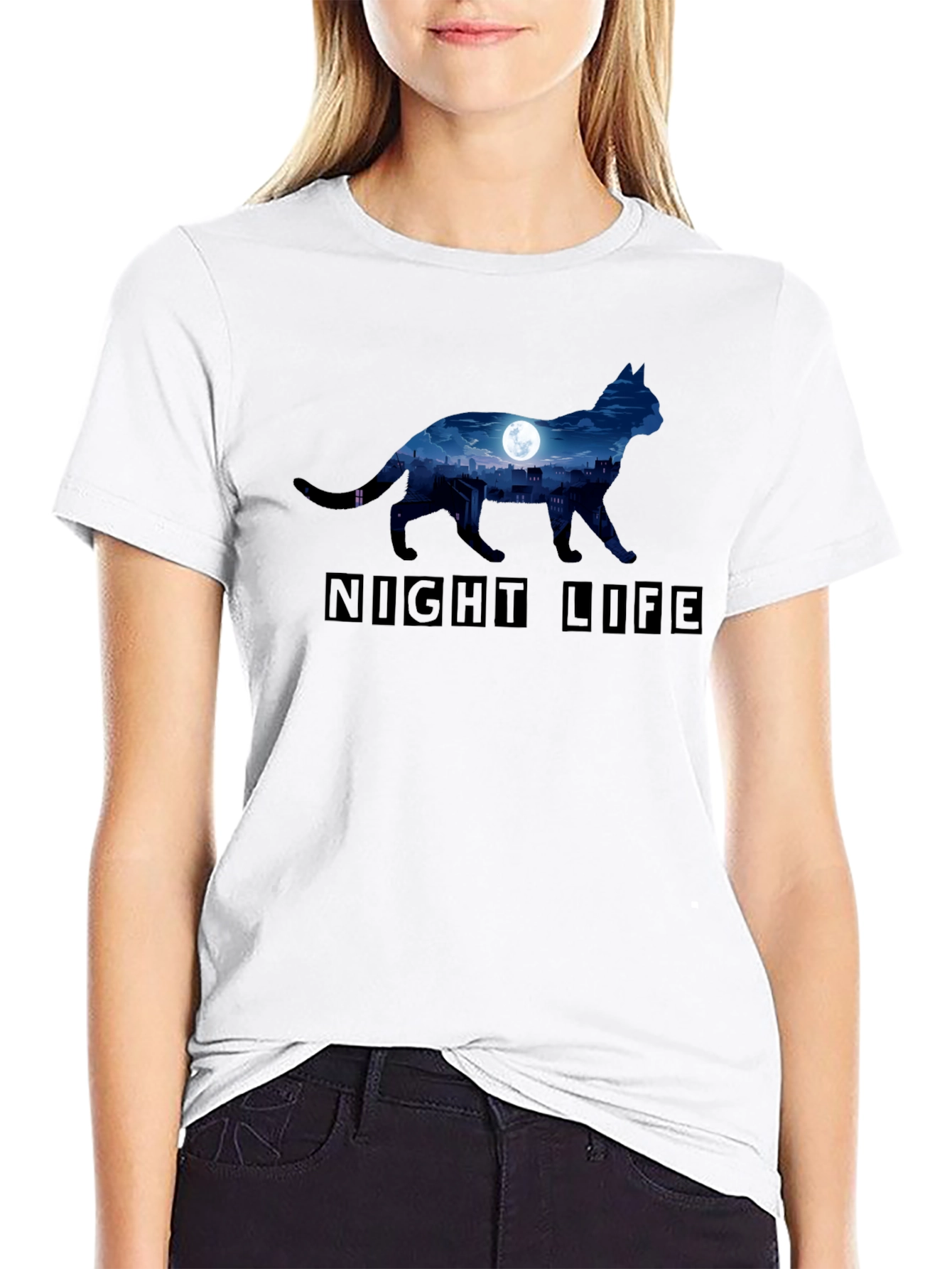 Night Life Cat Graphic T-Shirt