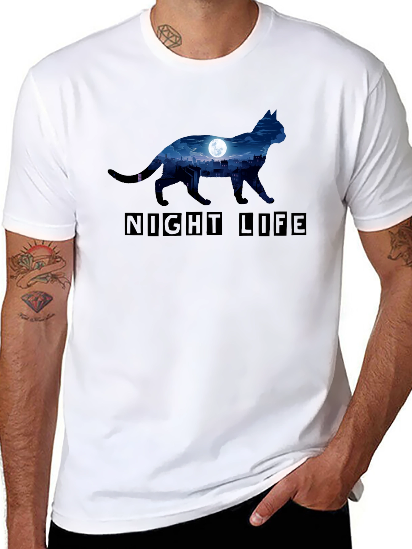 Night Life Cat Graphic T-Shirt