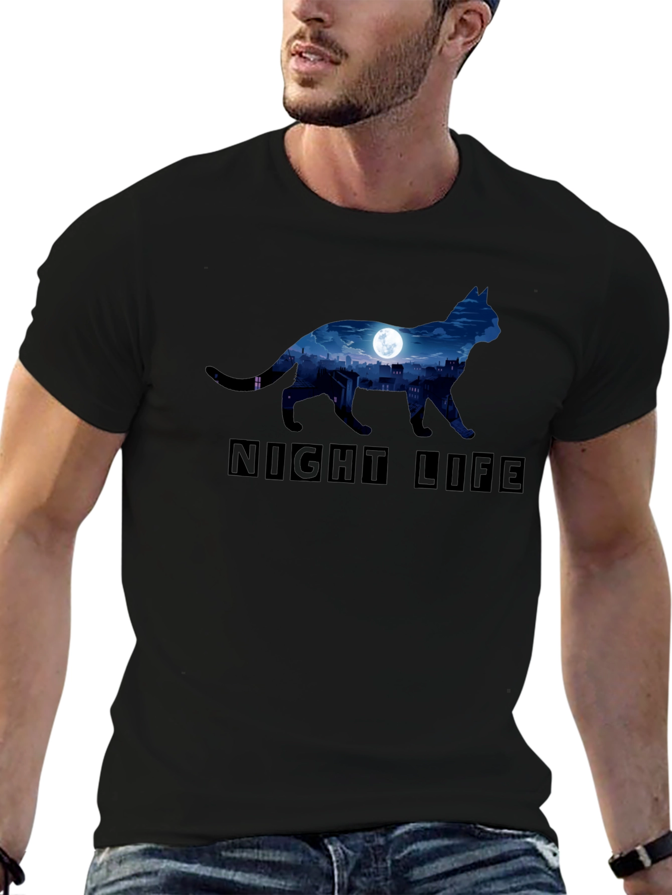 Night Life Cat Graphic T-Shirt