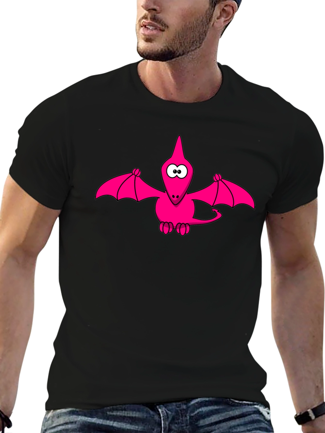 Pink Cartoon Pterodactyl Black T-Shirt