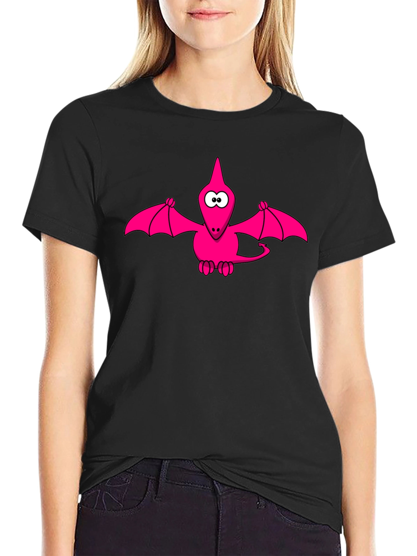 Pink Cartoon Pterodactyl Black T-Shirt