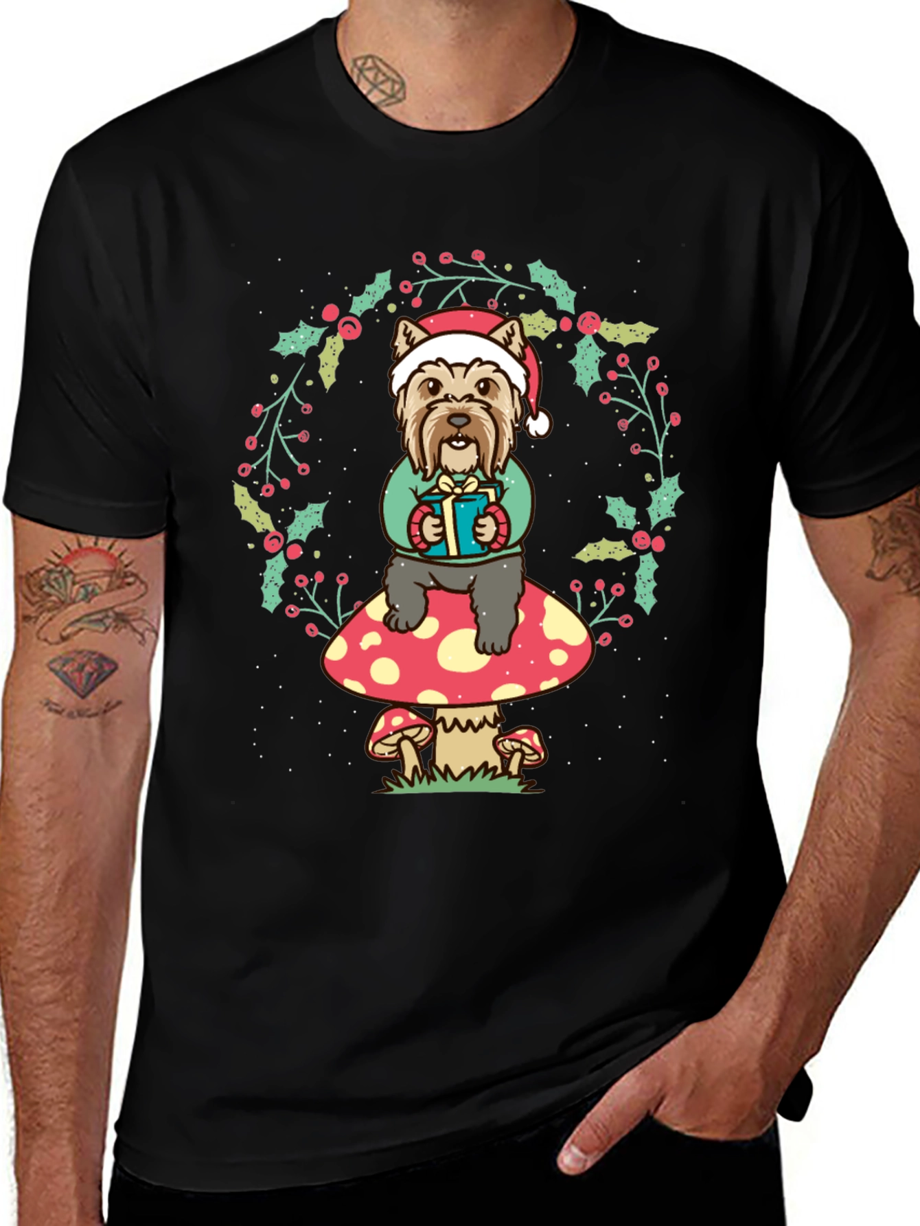 Festive Dog Mushroom Christmas Graphic Tee