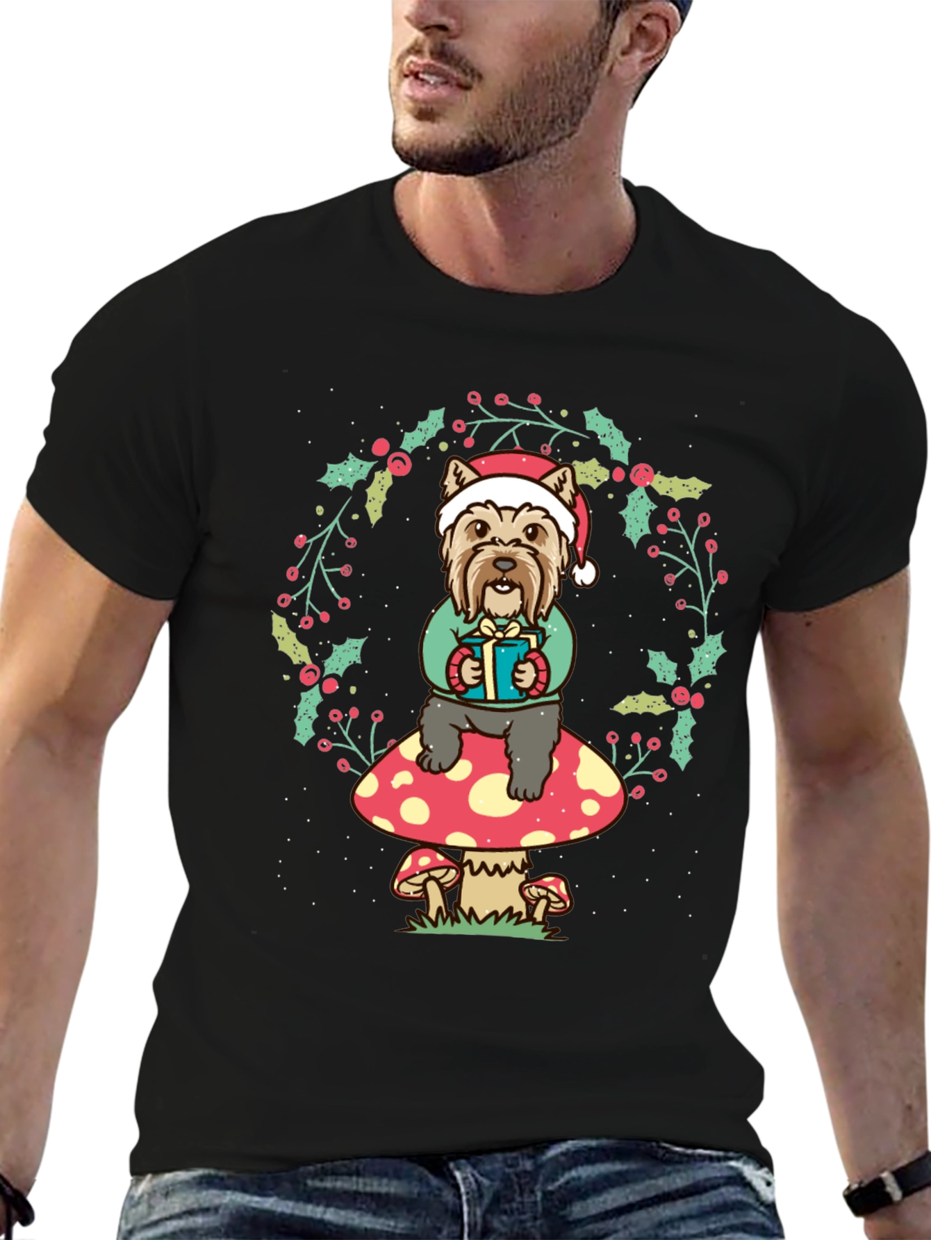 Festive Dog Mushroom Christmas Graphic Tee