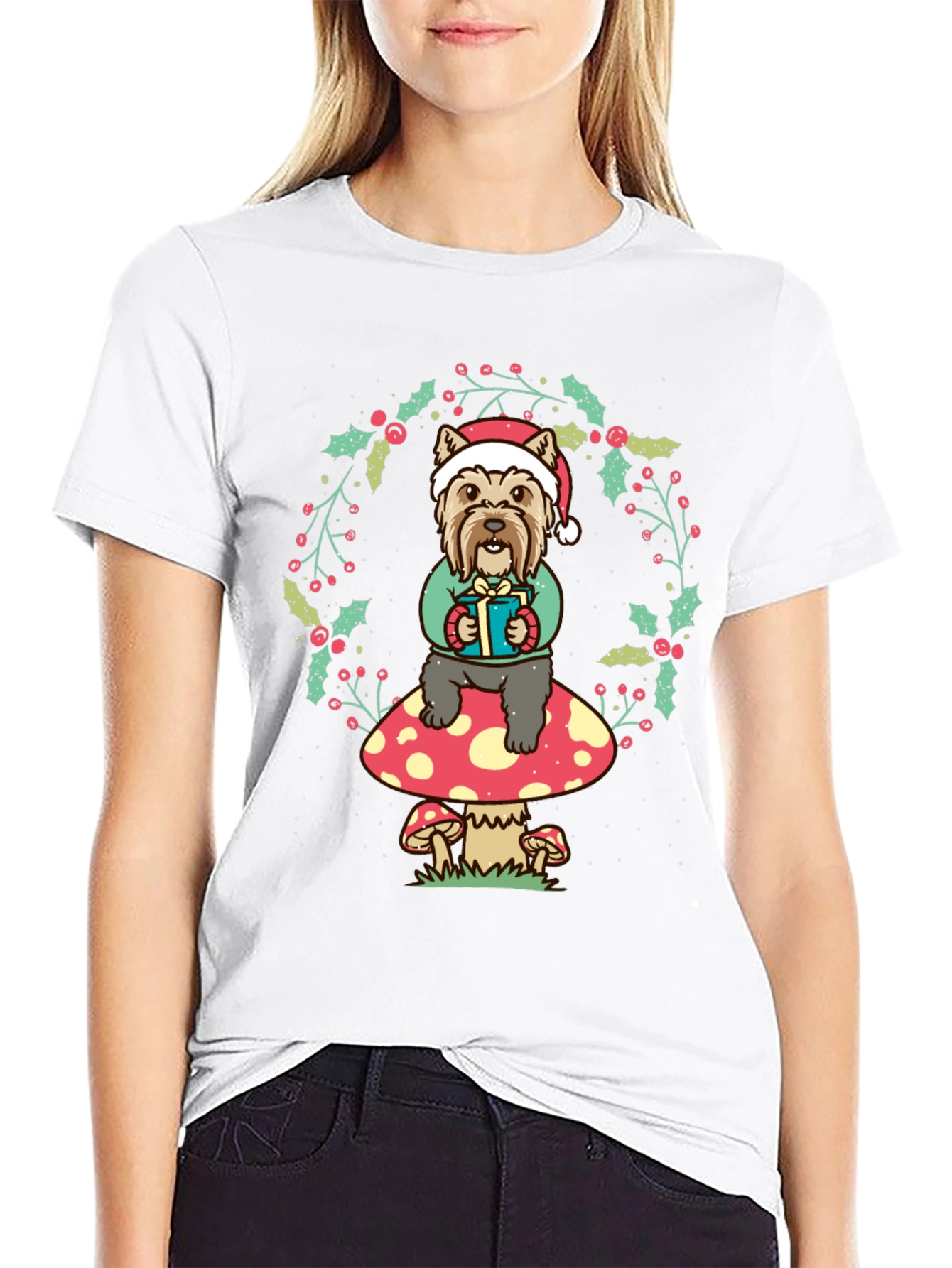 Festive Dog Mushroom Christmas Graphic Tee