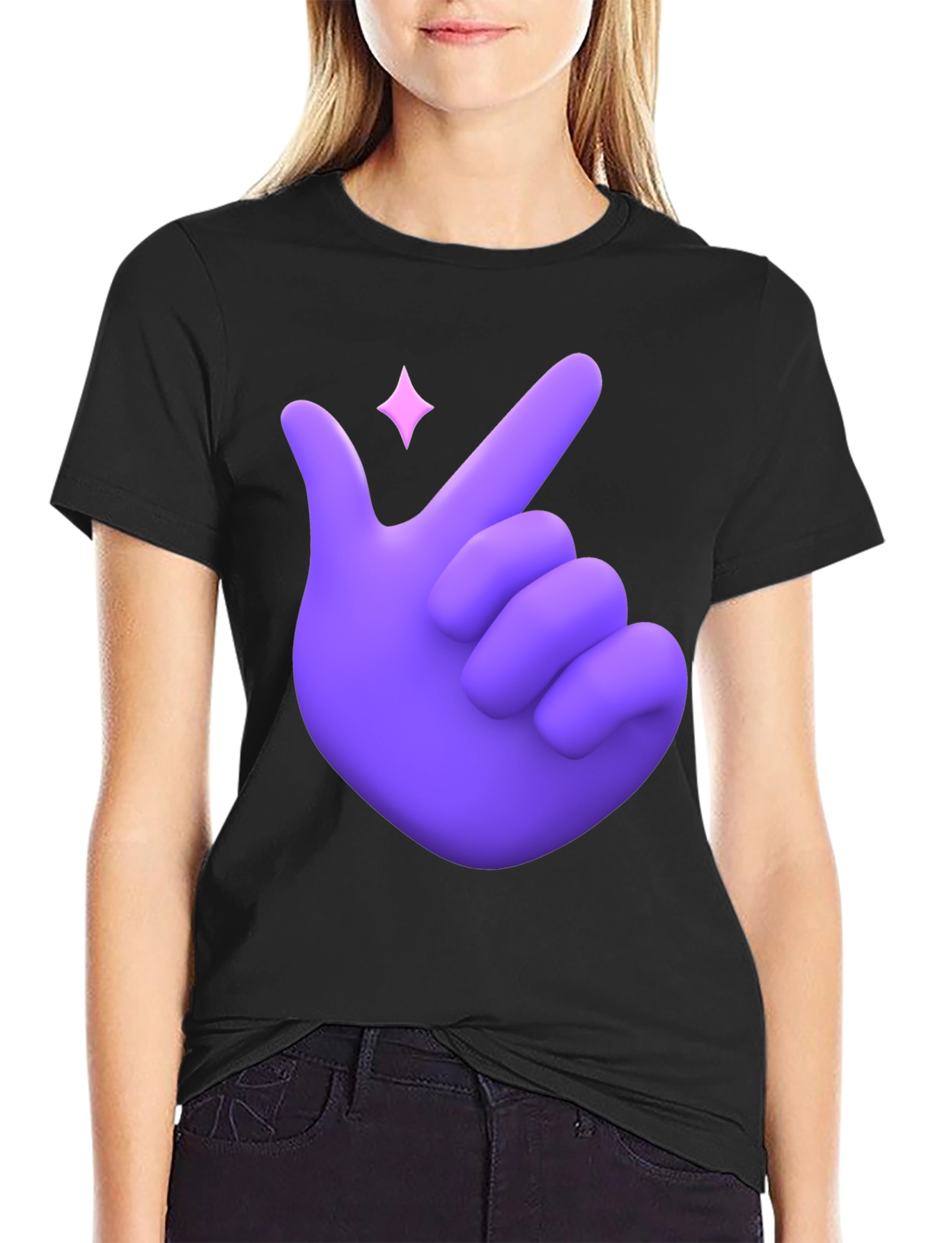 Purple Hand Heart Gesture Black T-Shirt