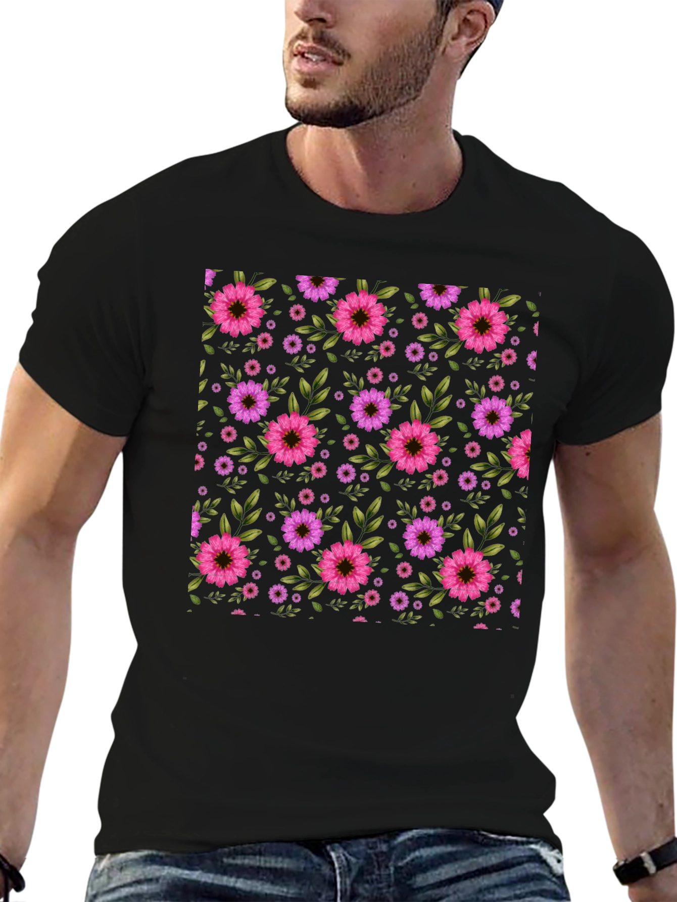 Floral Pattern T-Shirt - Black