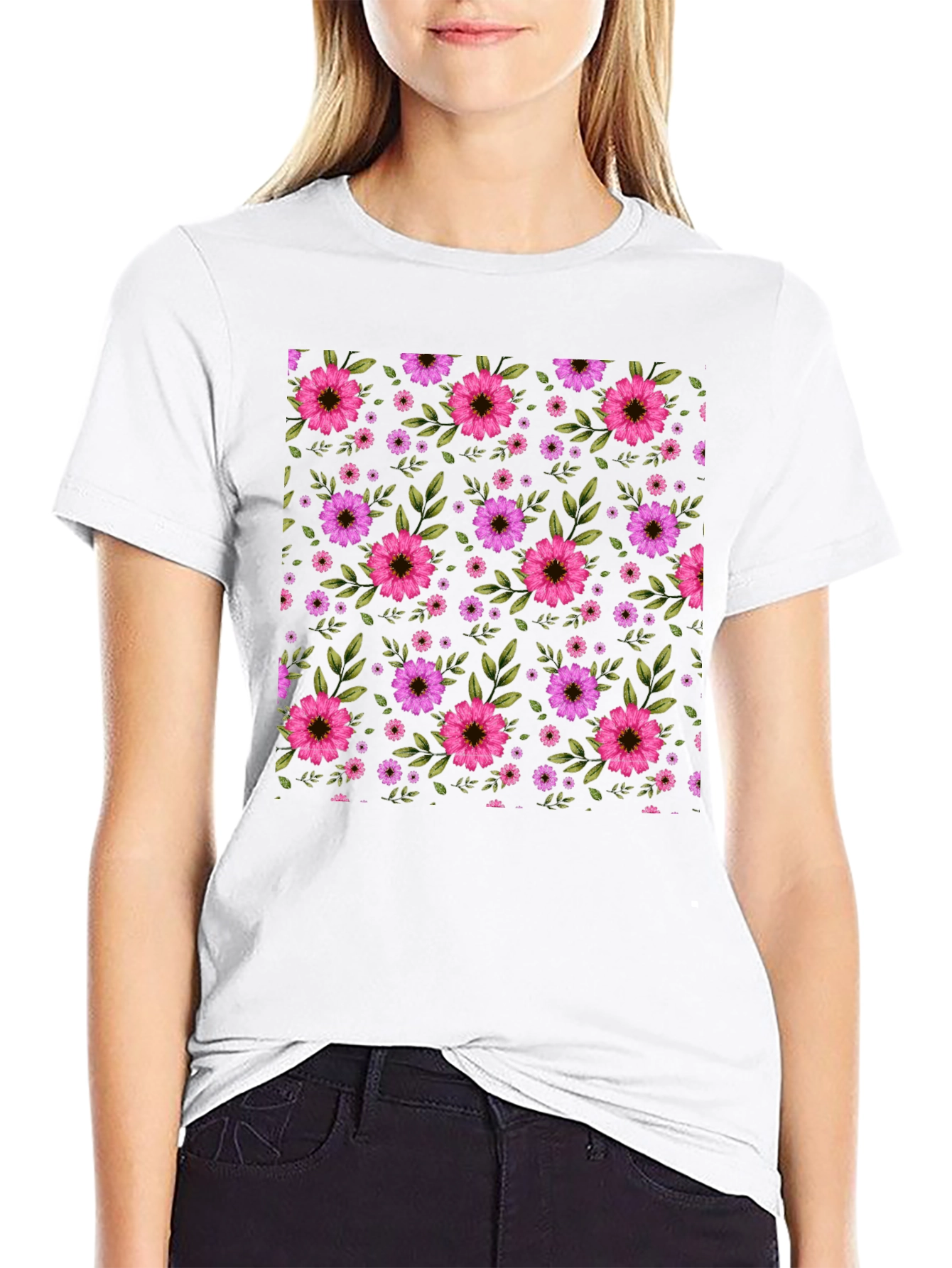 Floral Pattern T-Shirt - Black