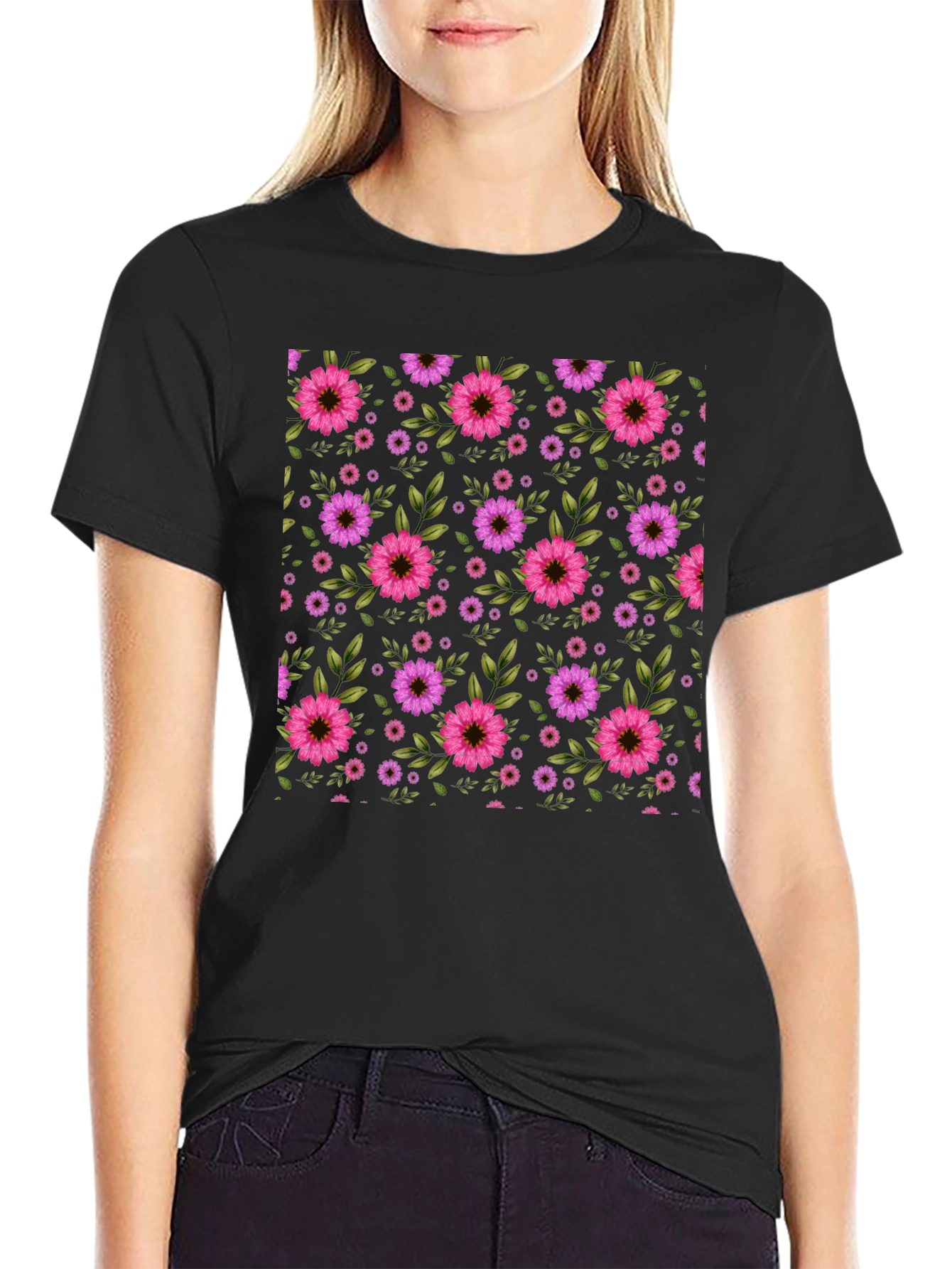 Floral Pattern T-Shirt - Black