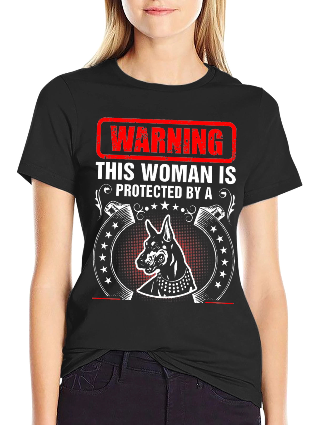 Warning Doberman Protected Woman Black T-Shirt