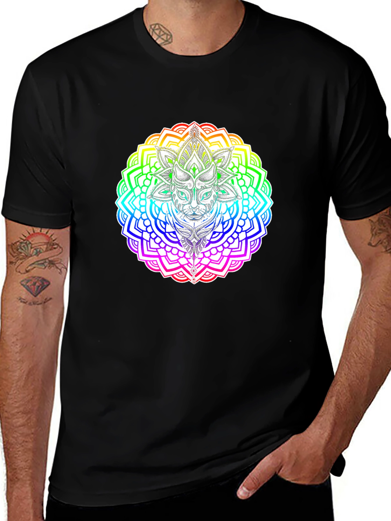 Rainbow Cat Mandala T-Shirt - Unique Graphic Tee