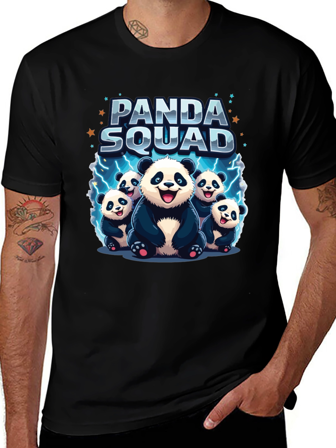 Panda Squad Graphic Tee - Black Crew Neck T-Shirt
