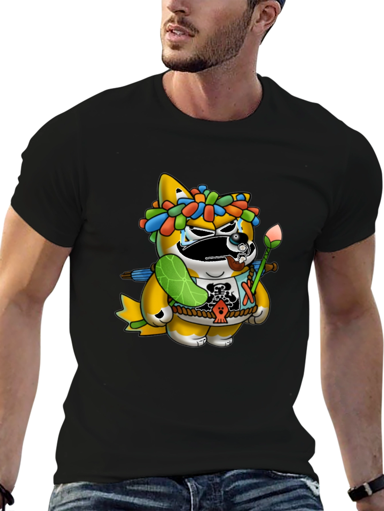 Unique Graphic Tee - Cartoon Tanuki Design