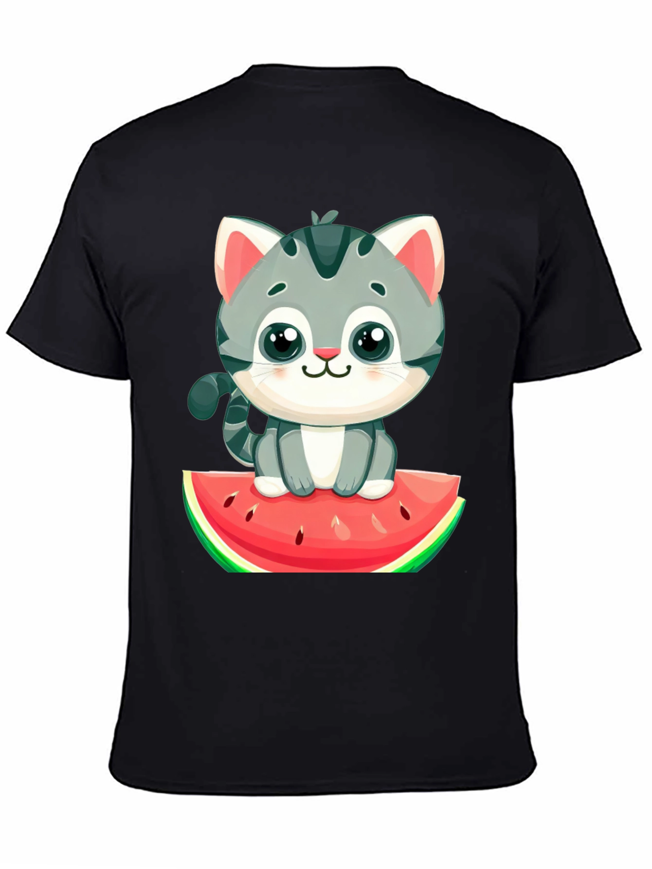 Cute Cat on Watermelon Graphic Tee - Black T-Shirt