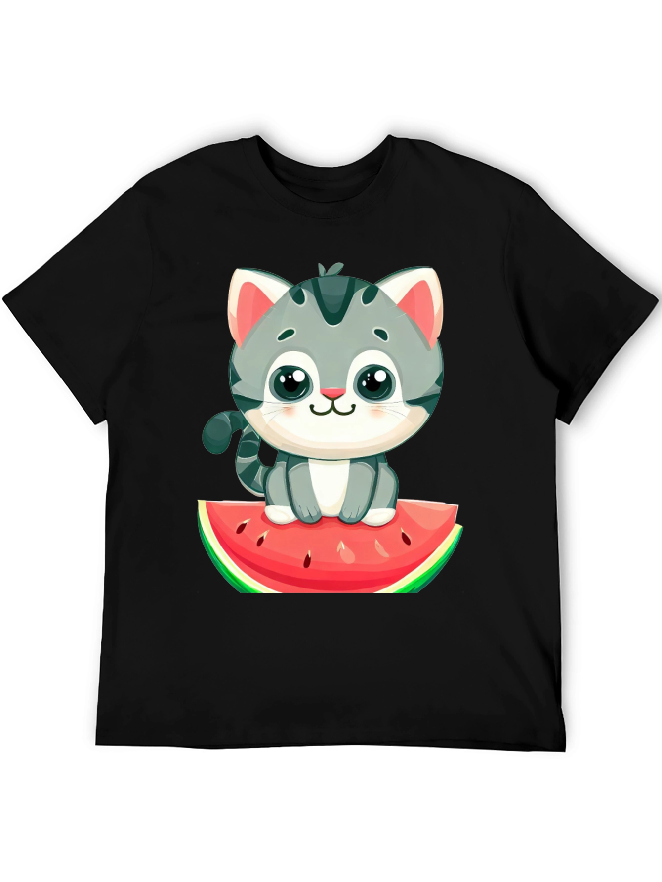 Cute Cat on Watermelon Graphic Tee - Black T-Shirt