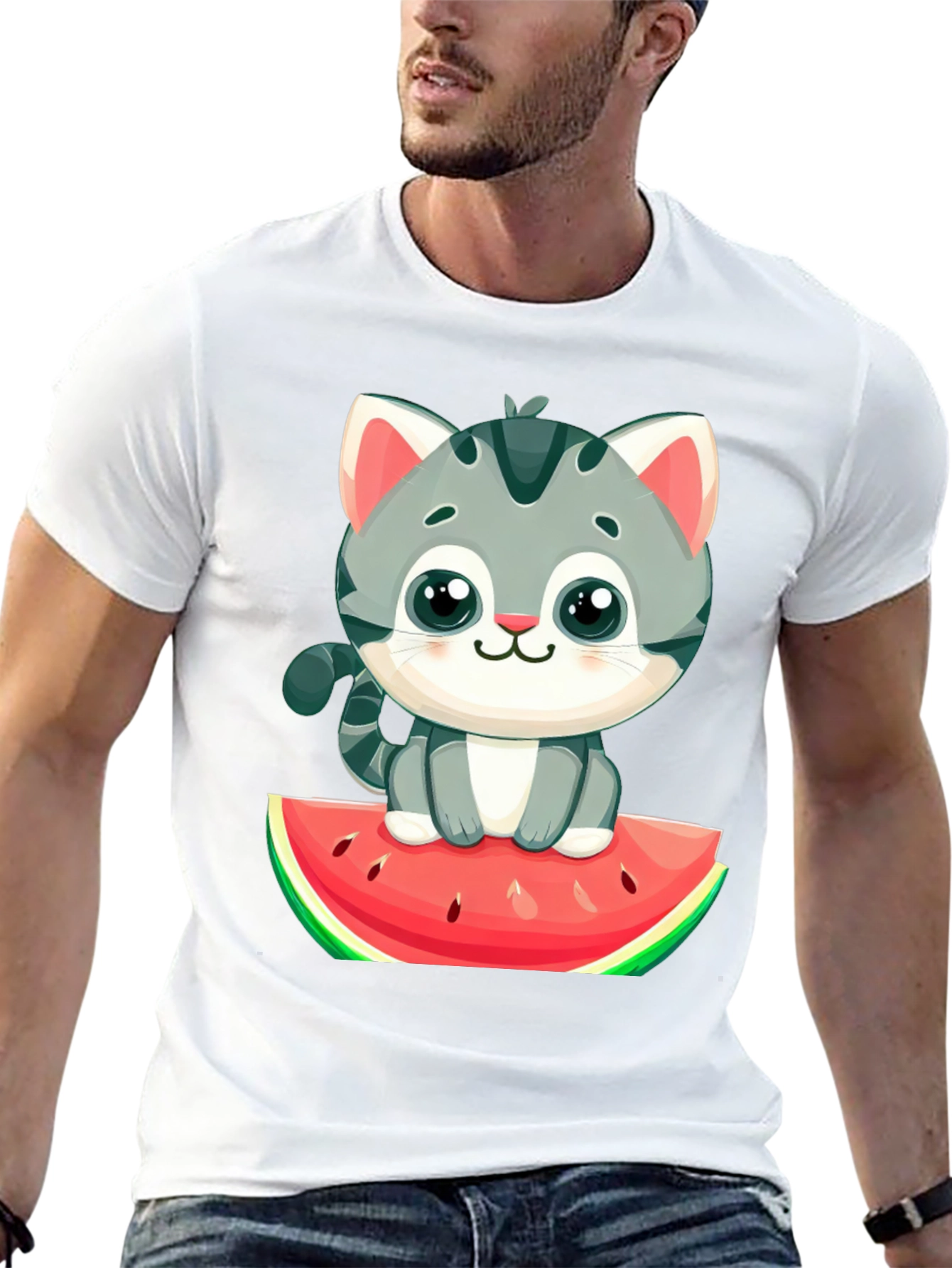 Cute Cat on Watermelon Graphic Tee - Black T-Shirt