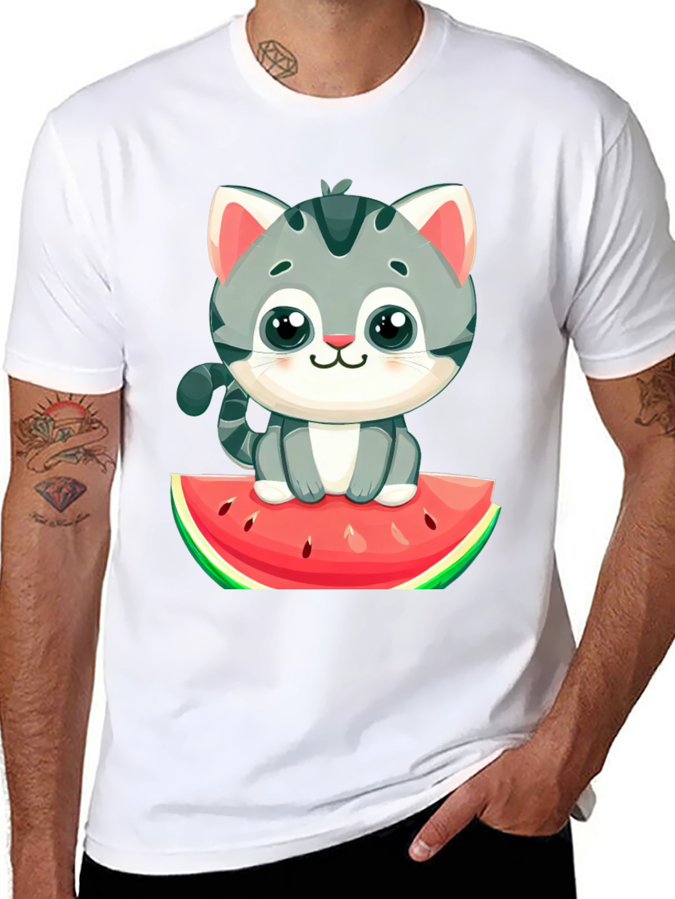 Cute Cat on Watermelon Graphic Tee - Black T-Shirt