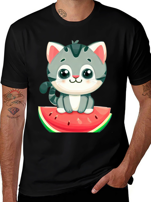 Cute Cat on Watermelon Graphic Tee - Black T-Shirt