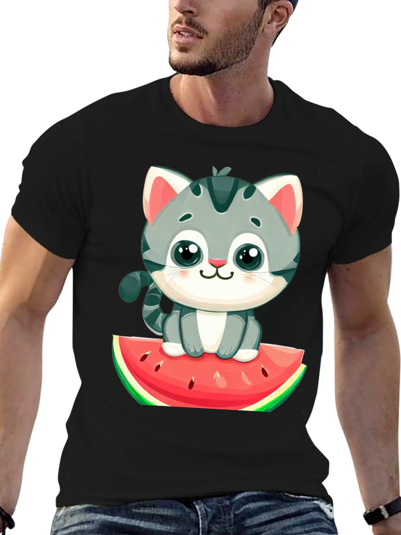 Cute Cat on Watermelon Graphic Tee - Black T-Shirt