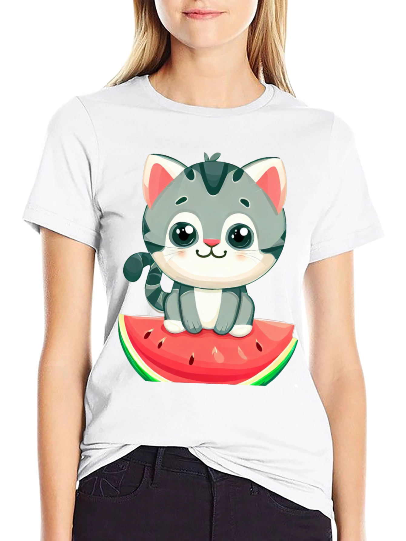 Cute Cat on Watermelon Graphic Tee - Black T-Shirt