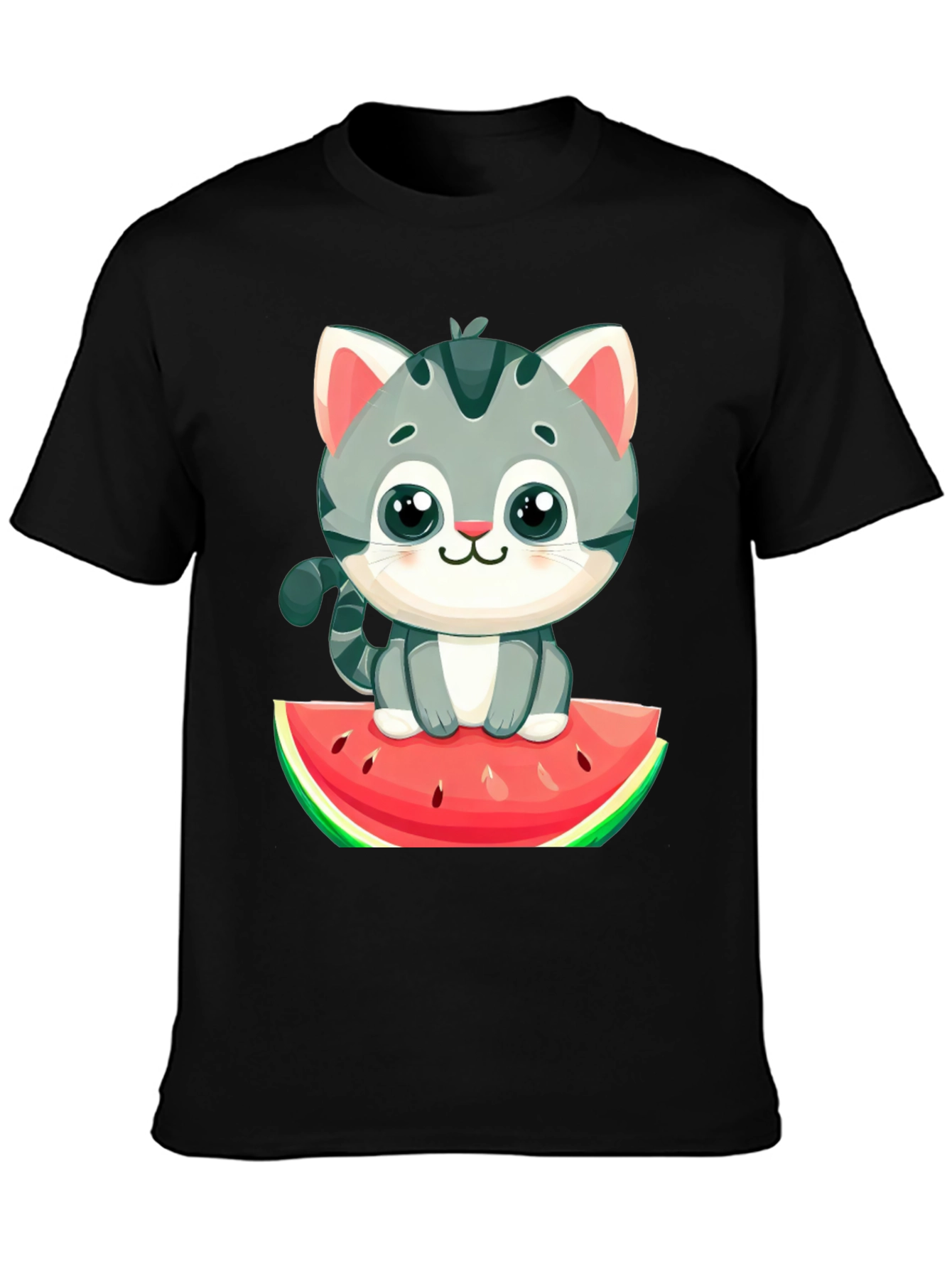 Cute Cat on Watermelon Graphic Tee - Black T-Shirt