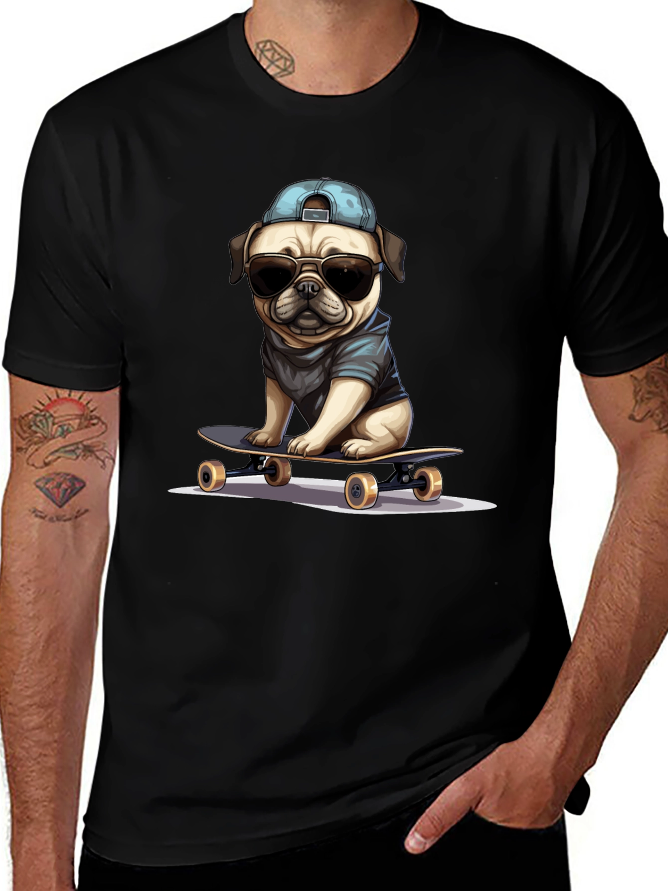 Cool Pug Skateboard T-Shirt - Black