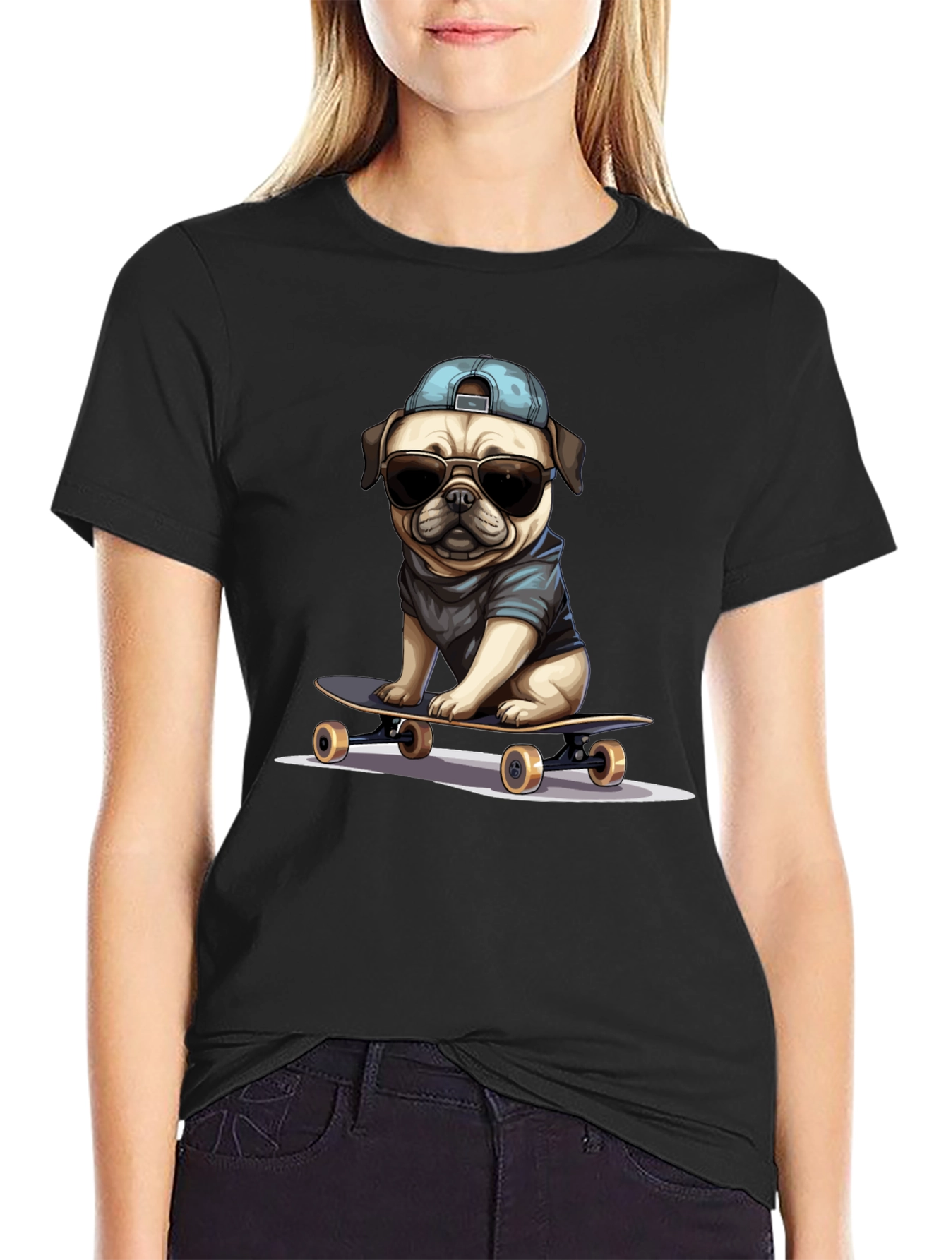 Cool Pug Skateboard T-Shirt - Black