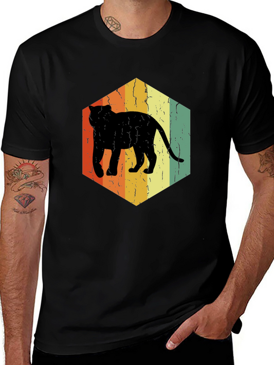 Retro Cat Hexagon Graphic T-Shirt - Black