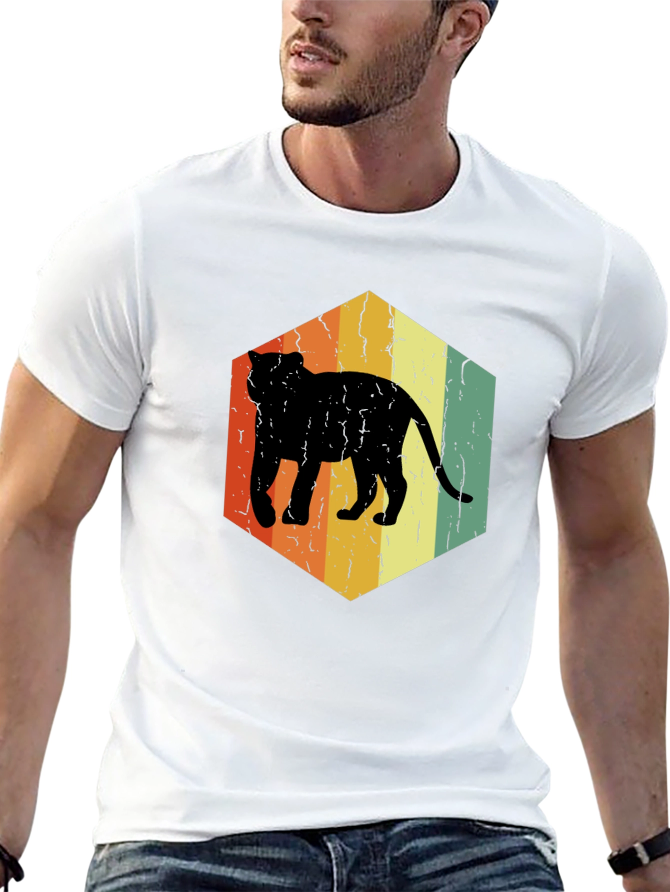 Retro Cat Hexagon Graphic T-Shirt - Black