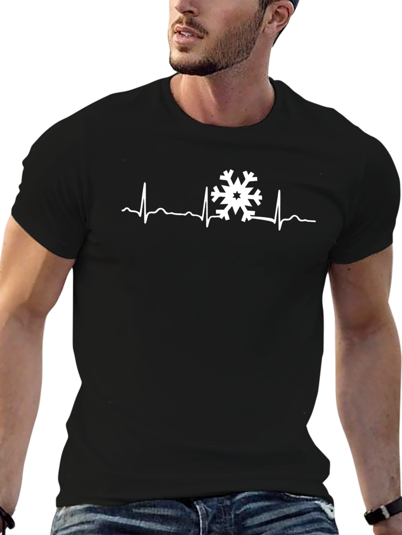 Snowflake Heartbeat Graphic Tee - Black Cotton T-Shirt