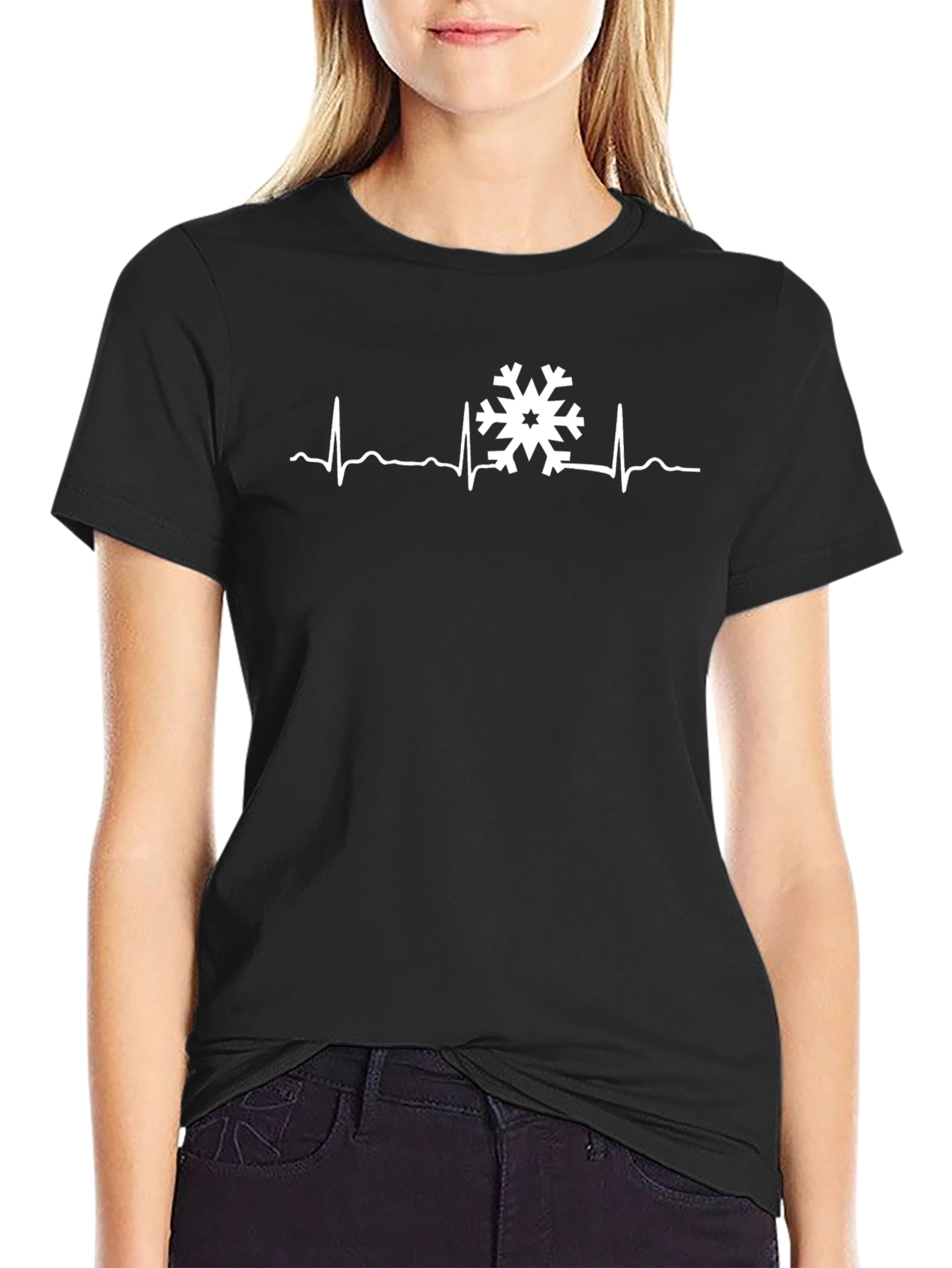 Snowflake Heartbeat Graphic Tee - Black Cotton T-Shirt