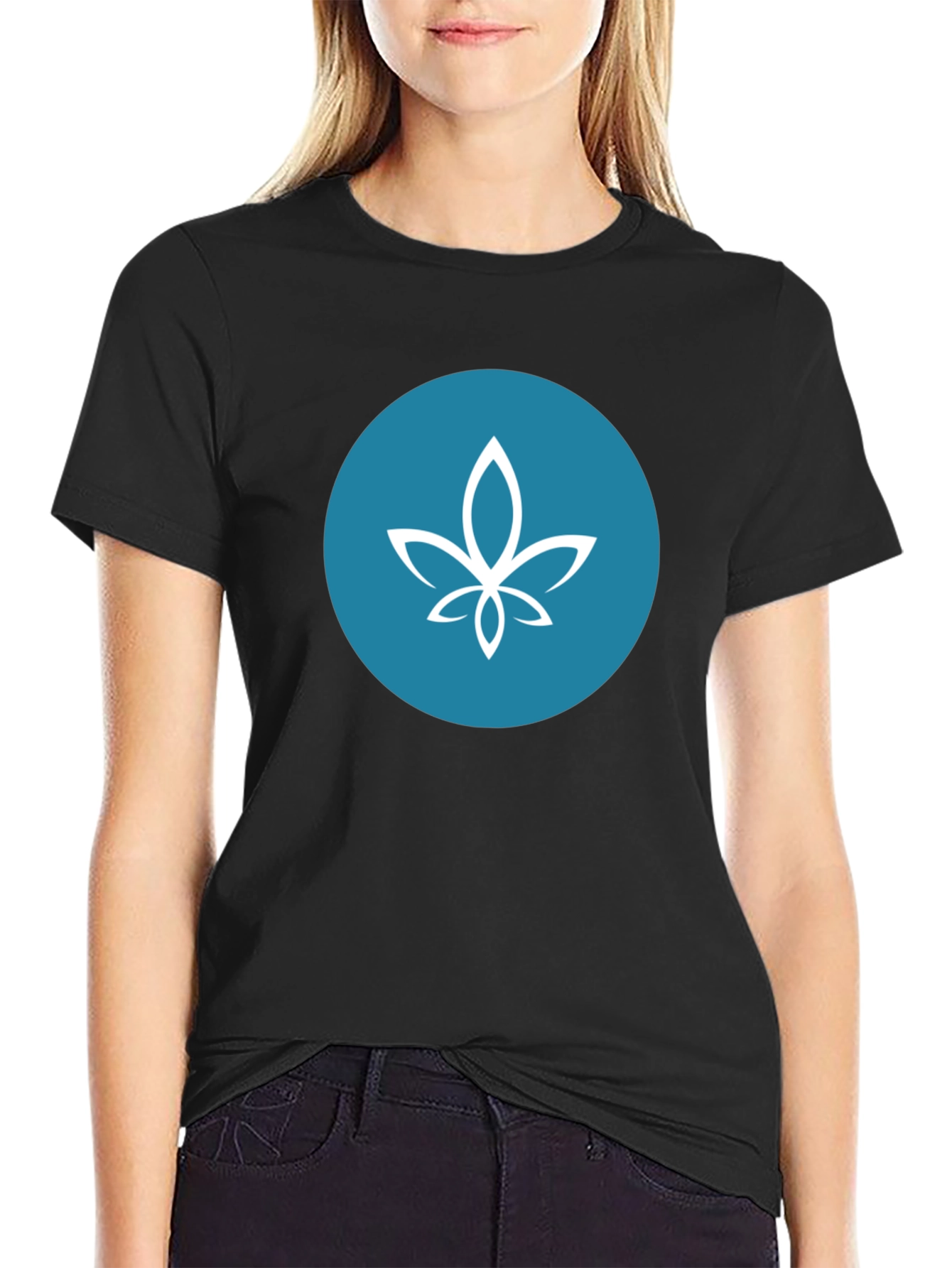 Modern Black Tee with Teal Circle Lotus Design