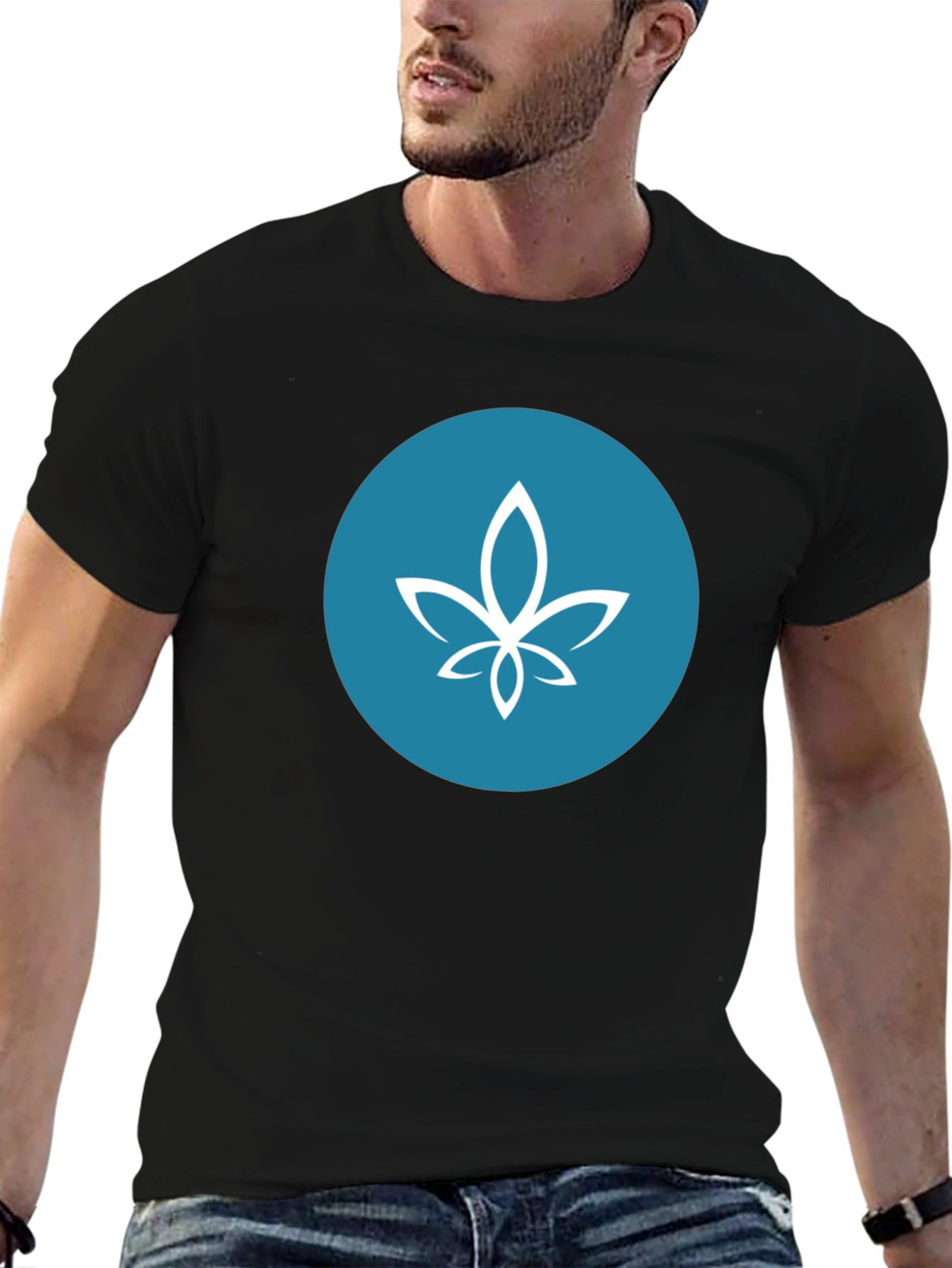 Modern Black Tee with Teal Circle Lotus Design