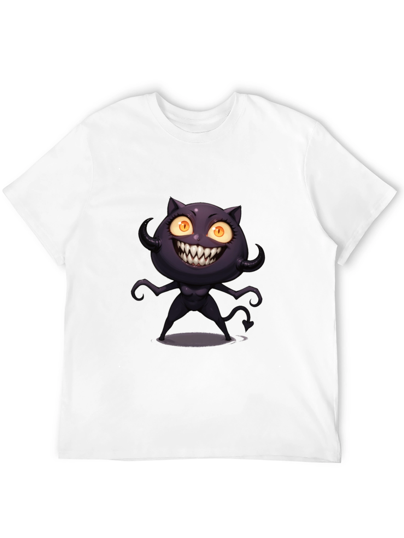 Black Tee with Cartoon Devil Cat Graphic