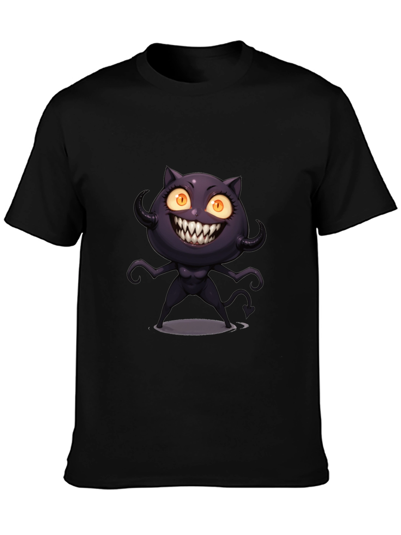 Black Tee with Cartoon Devil Cat Graphic