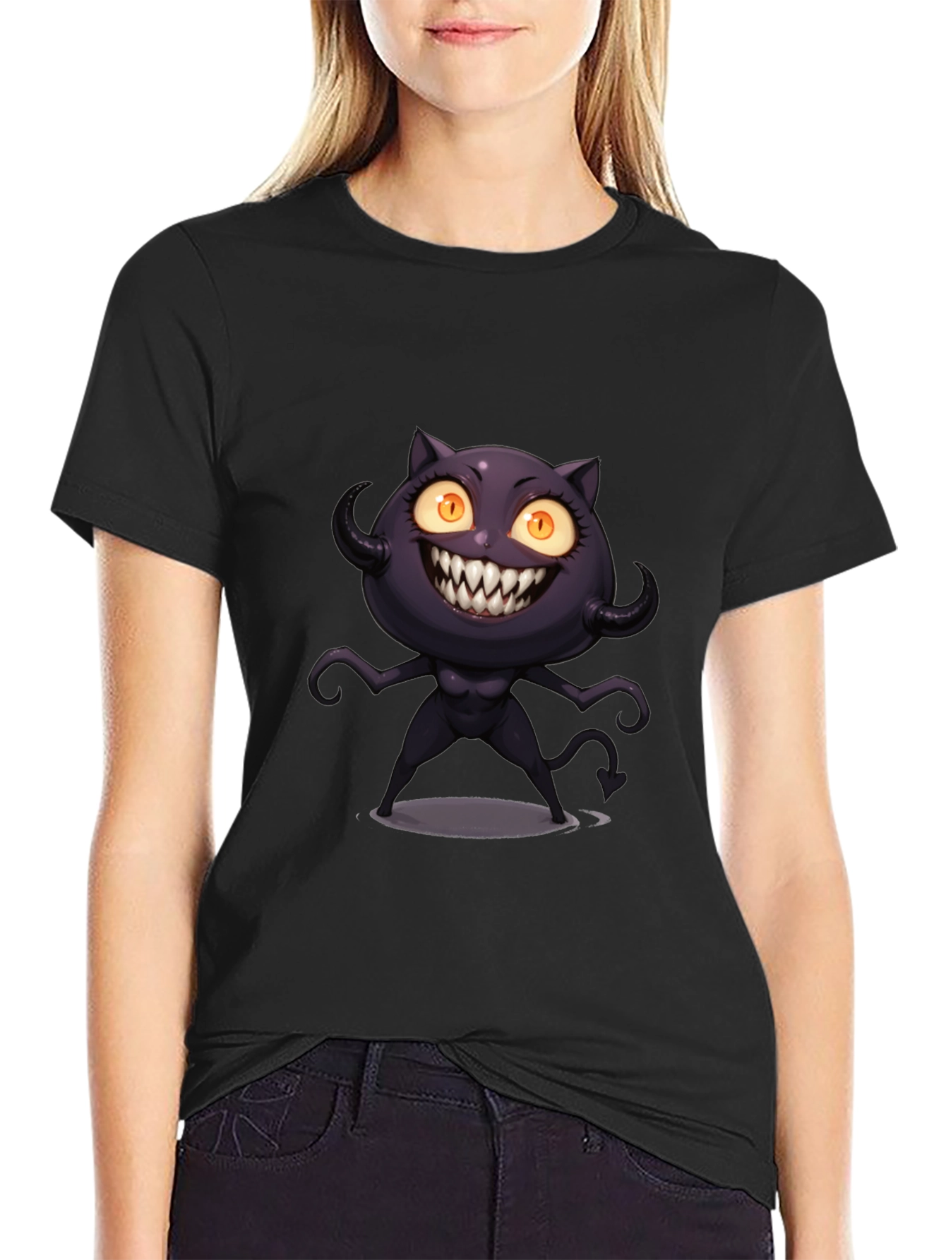 Black Tee with Cartoon Devil Cat Graphic