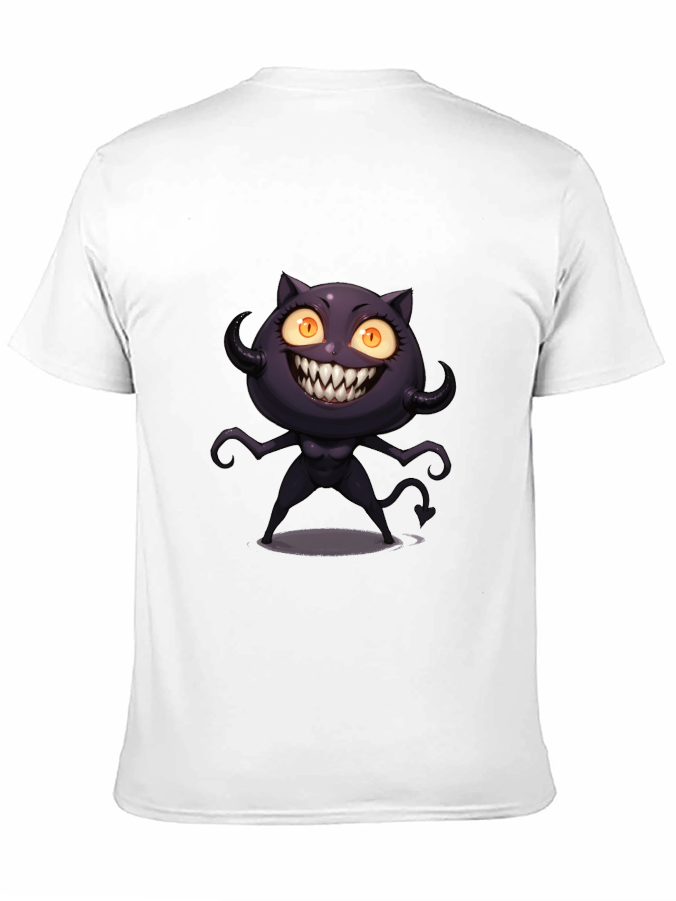 Black Tee with Cartoon Devil Cat Graphic