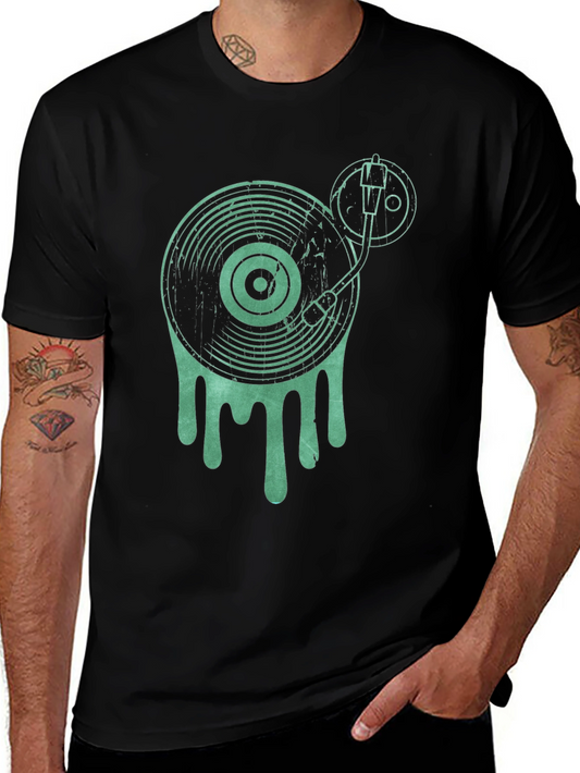 Retro Vinyl Record Player Graphic Tee - Black